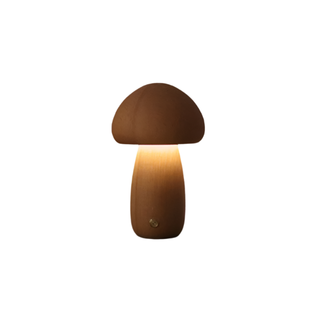 Genopladelig træbordlampe med svampedesign