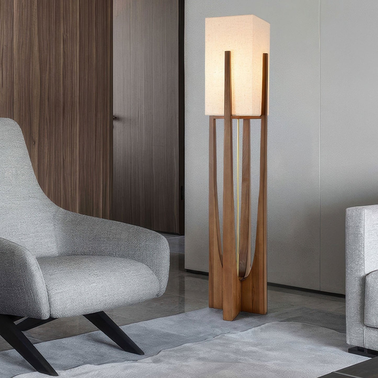 Japansk stil gulvlampe i massivt valnøddetræ. Enkel trælampe.